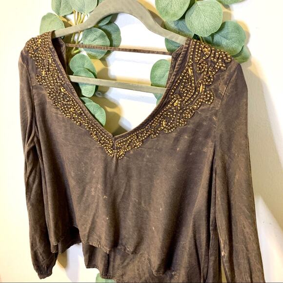 Ecote Cropped Embroidered Boho Long Flutter Sleeve Small - Picture 2 of 4